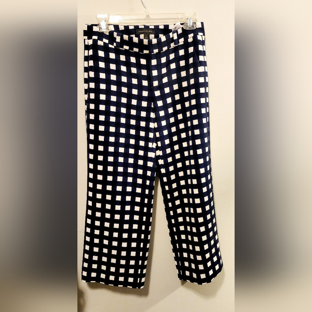 Size 0 Banana Republic gingham Women's Mid Rise Navy Blue White Checkered Ankle